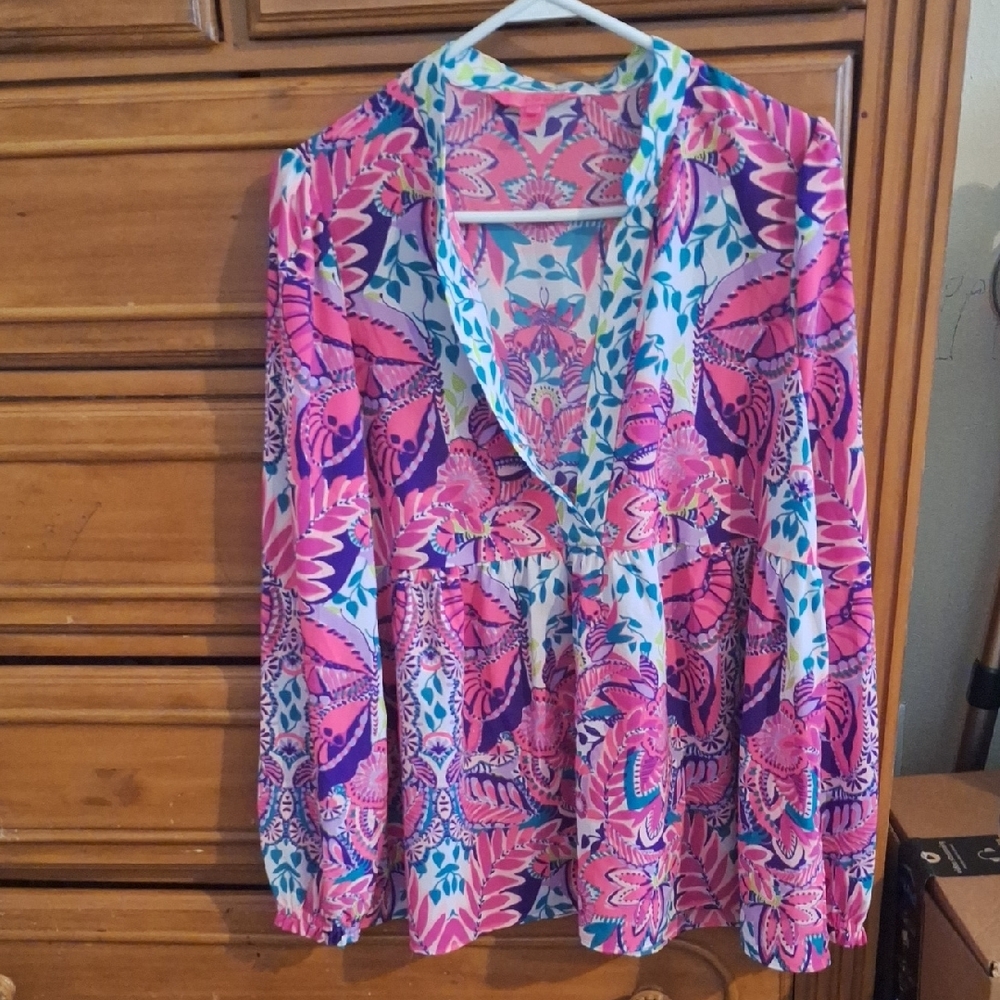 Vibrant Pink and Blue Women's Top  / Lilly Pulitzer Winona stretch tunic